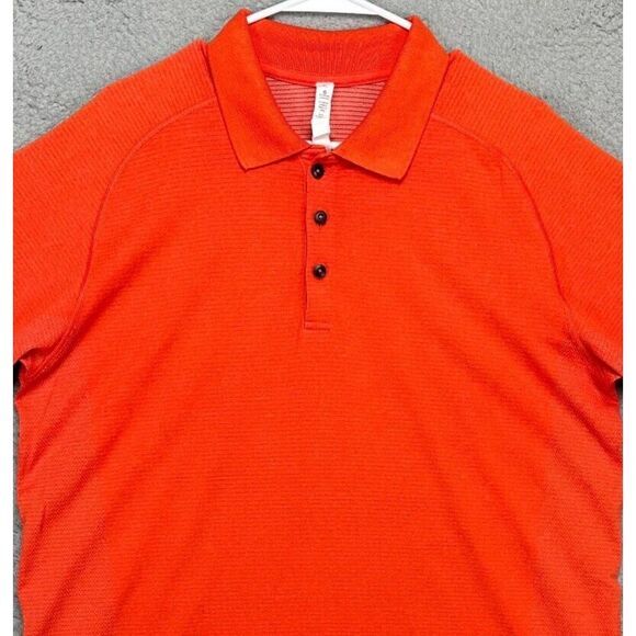 Lululemon Shirt Mens XL Metal Vent Tech Neon Orange Nylon Blend Golf Polo Rugby